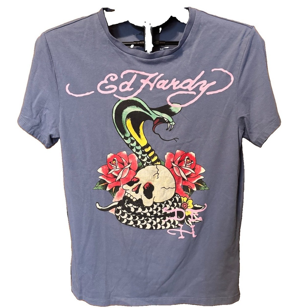 Ed Hardy S Blue Cobra Skull Graphic Tattoo Short Sleeve Tee Snake Rose